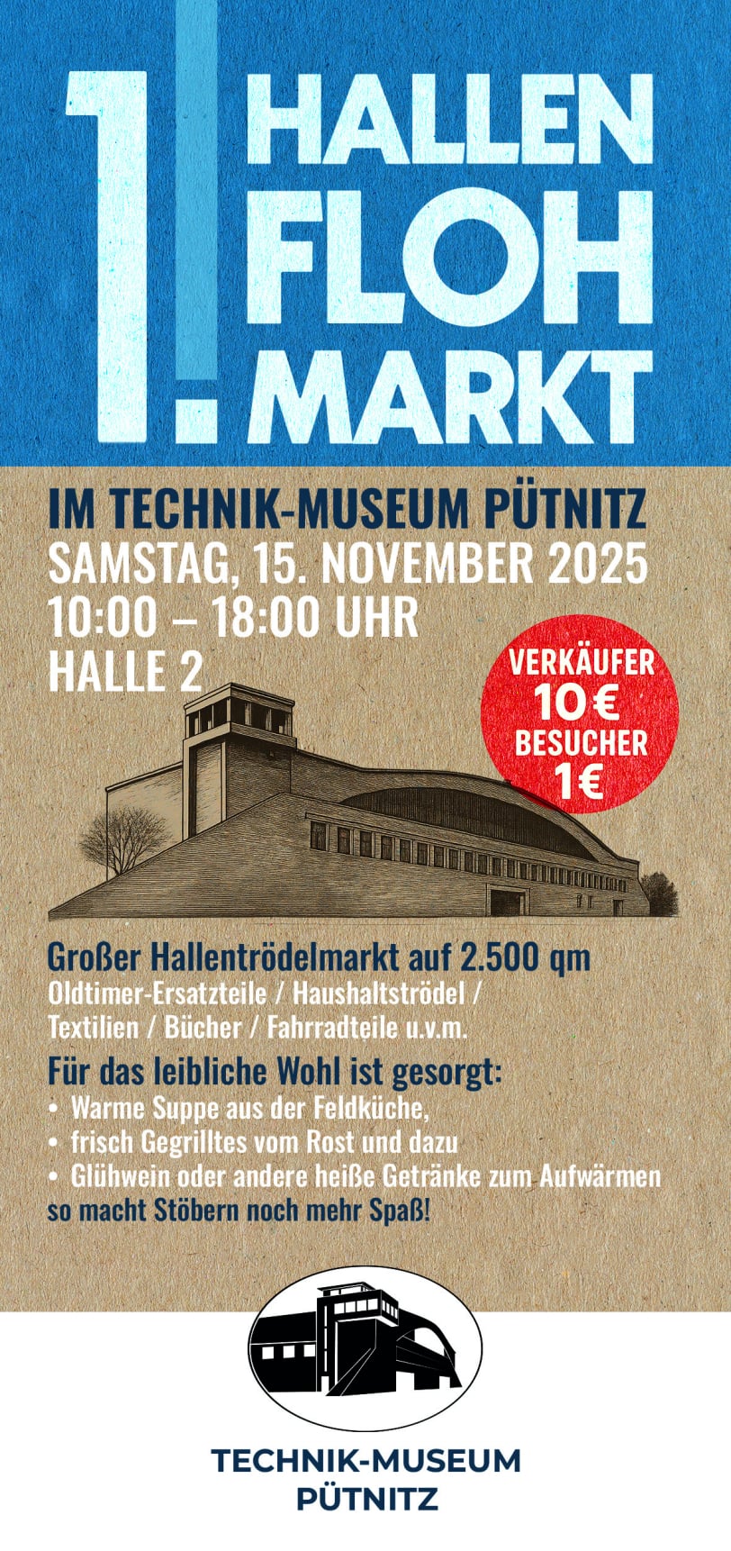 Flyer zum 1. Hallenflohmarkt im Technik-Museum Pütnitz (Vorderseite)