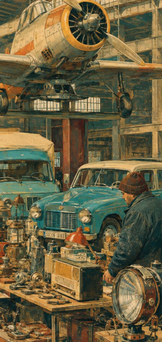 Illustration: Besucher stöbern zwischen Oldtimern und Trödeltischen in der Museumshalle, darüber hängt ein Propellerflugzeug