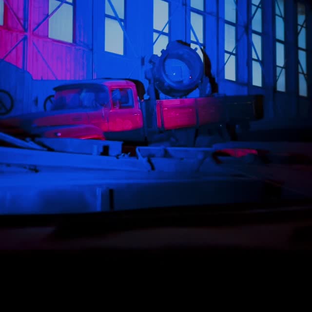 Militärischer Lkw vor der Halle, rot-blau beleuchtet